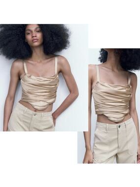 Zara champagne tan cream satin effect ruched draped corset bustier Sz S NWOT